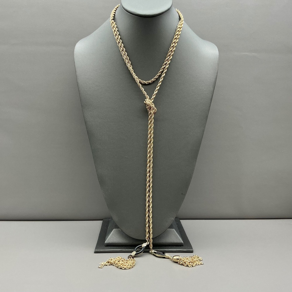 Lariat Tassel Necklace Women Gold Tone Black Enamel Rhinestone Rope Chain Long